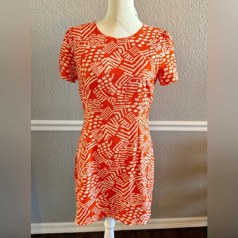 Altar'd State Orange White Geo Print Shift Dress M Puff Sleeve Retro 60s Party